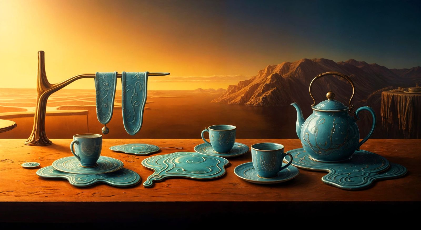 Surreal Melting Diner Table in Dreamlike Oil Painting