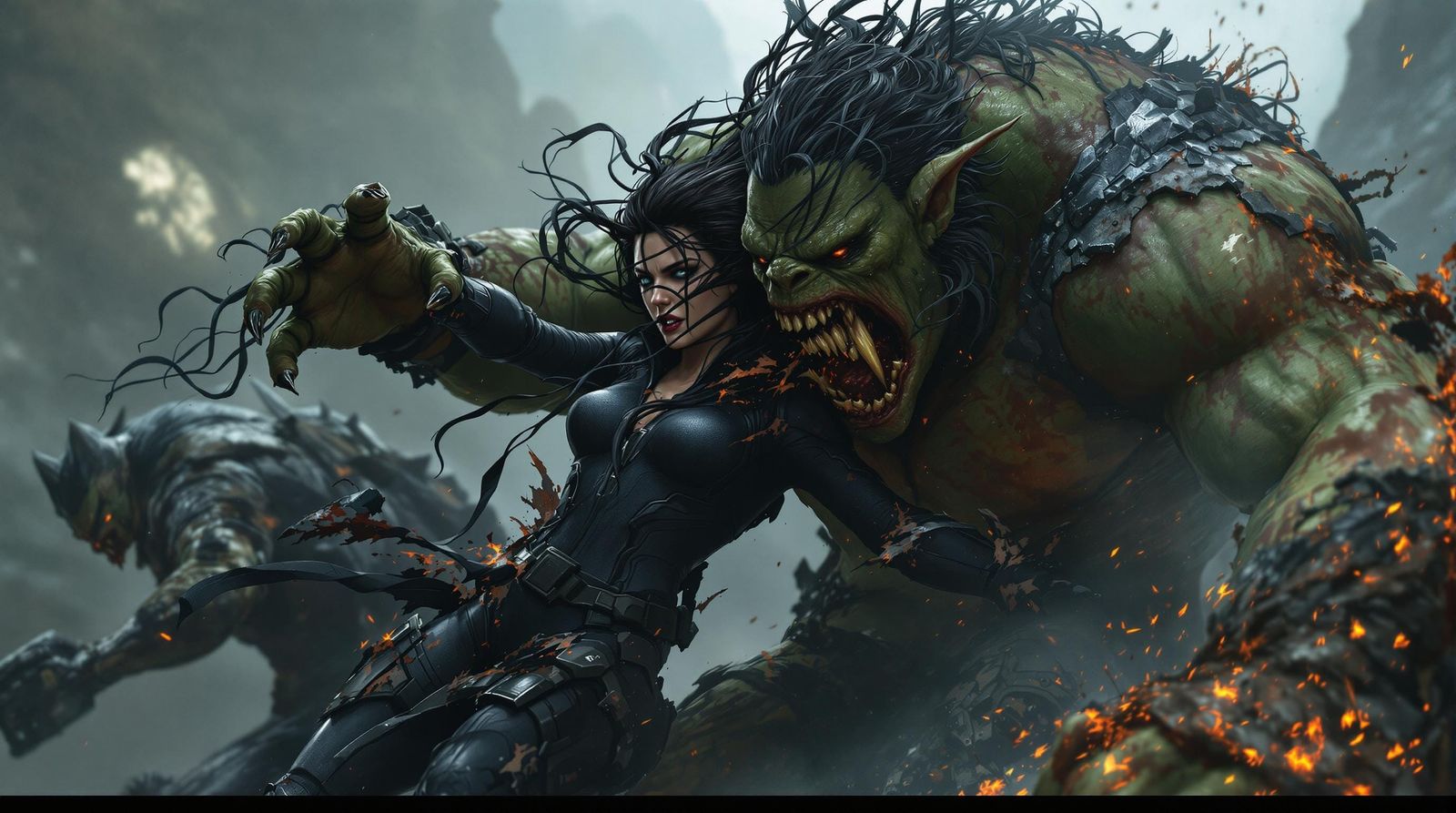 Dark Warrior Fights for Survival Against Two Orcs in a Haunt...