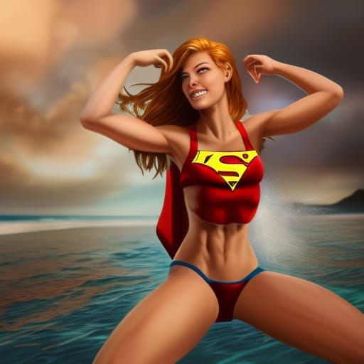 At a beach party showing off supergirl muscular abs muscular...