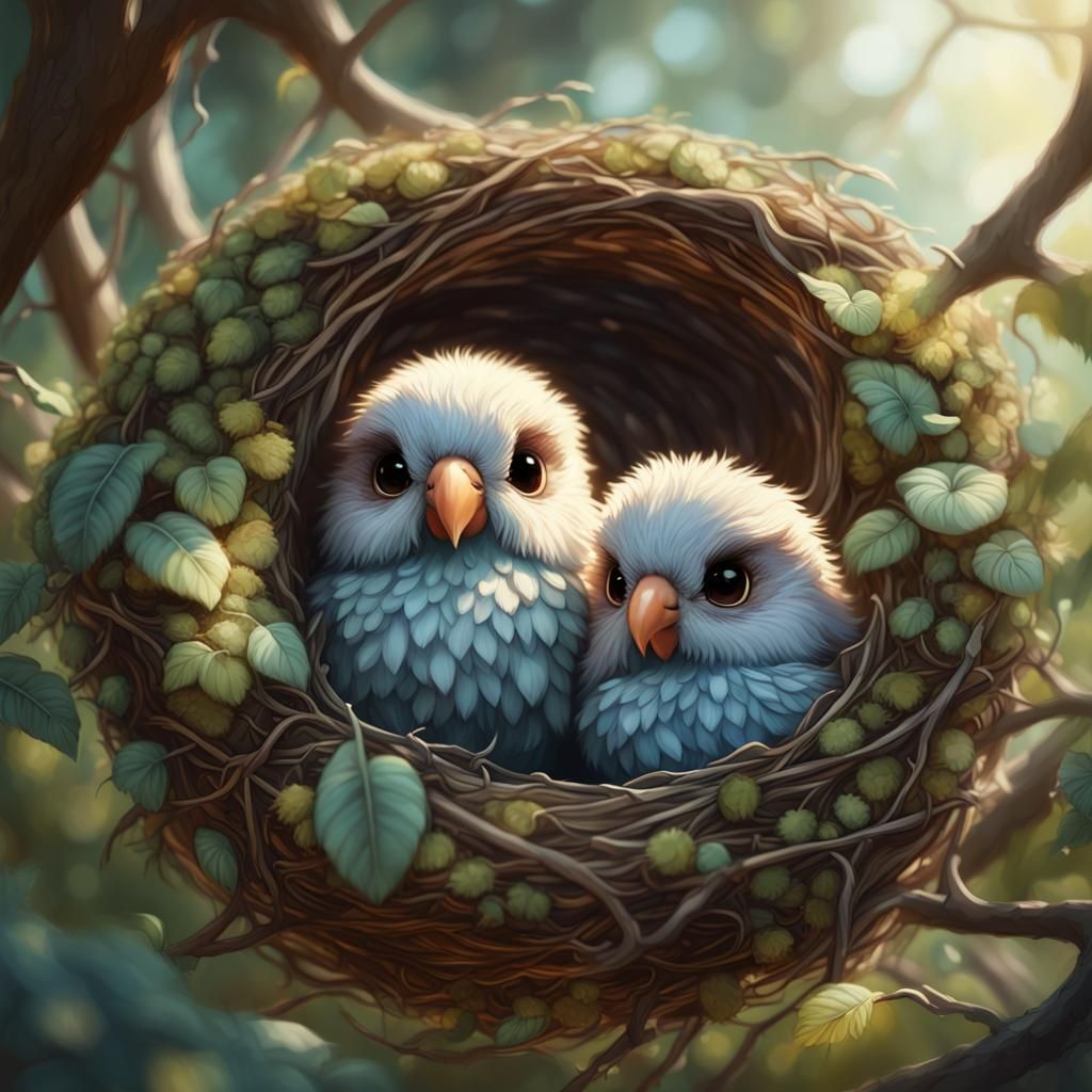 Chibi Lovebirds in Nest, Detailed Matte Painting