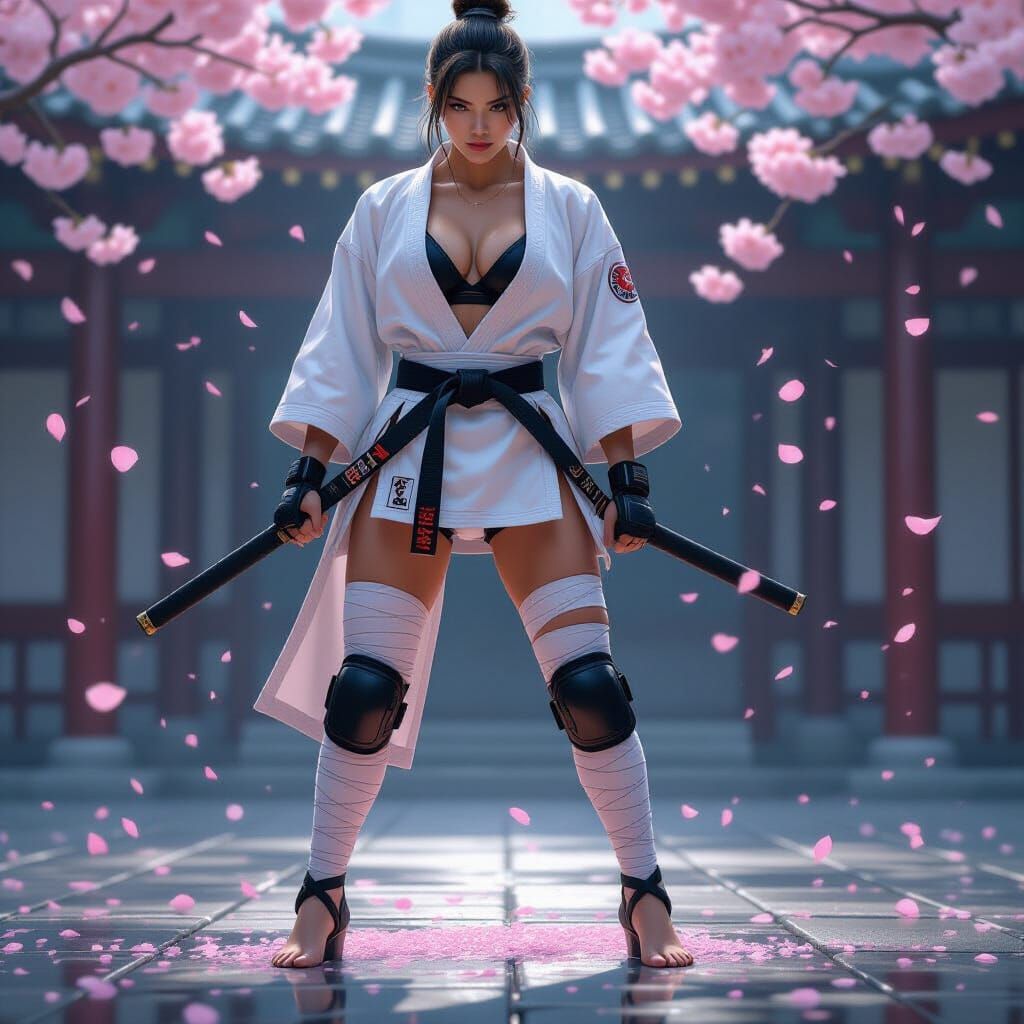 Martial Artist in Cherry Blossom Arena: Sci-Fi Art