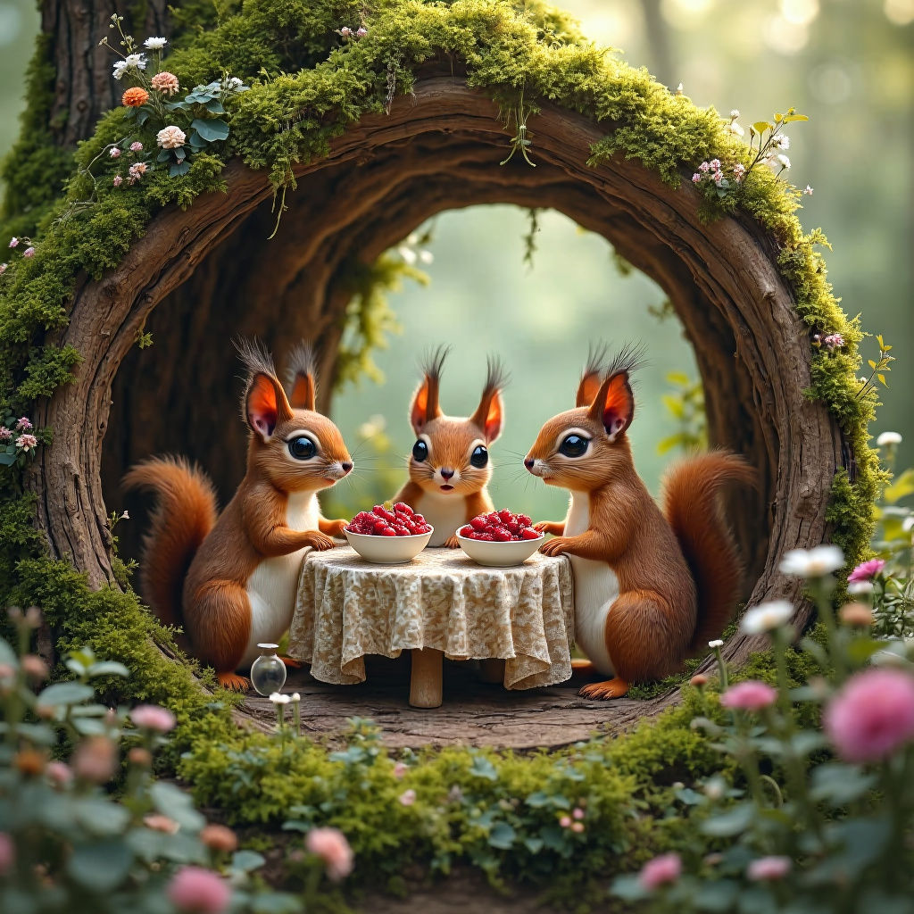 Squirrels' Victorian Tea Party in Enchanted Hollow Log