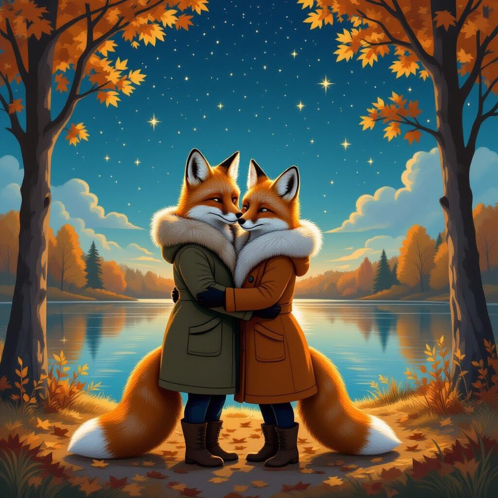 Foxes Embrace Under Autumn Starry Night Sky