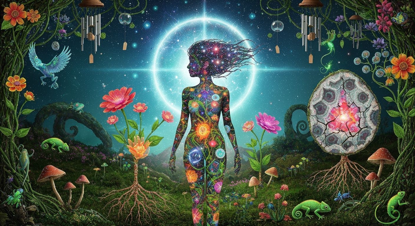 Woman with Stardust Hair in Cosmic Garden