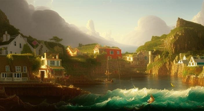 Quaint Seaside Village Painting in Hudson River Style