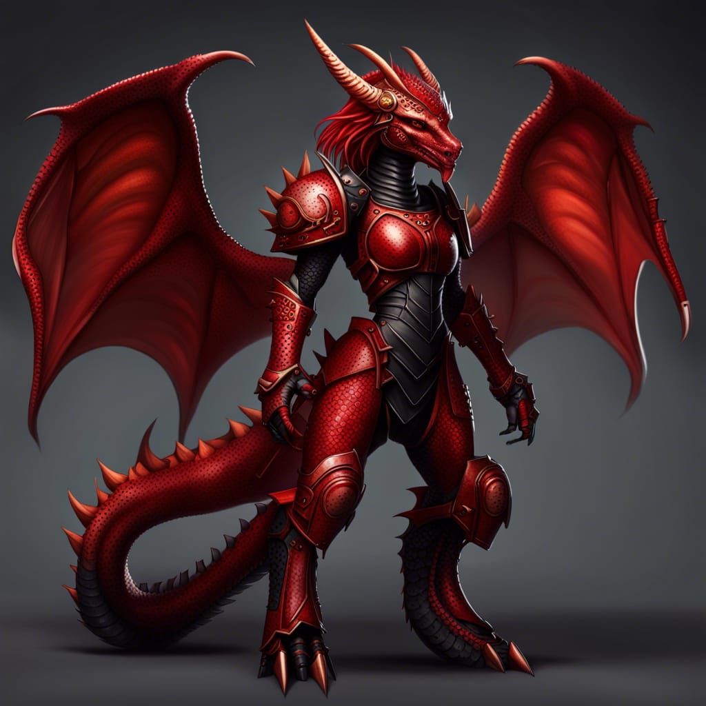 Armored Red Dragoness Goddess in WH40K Style