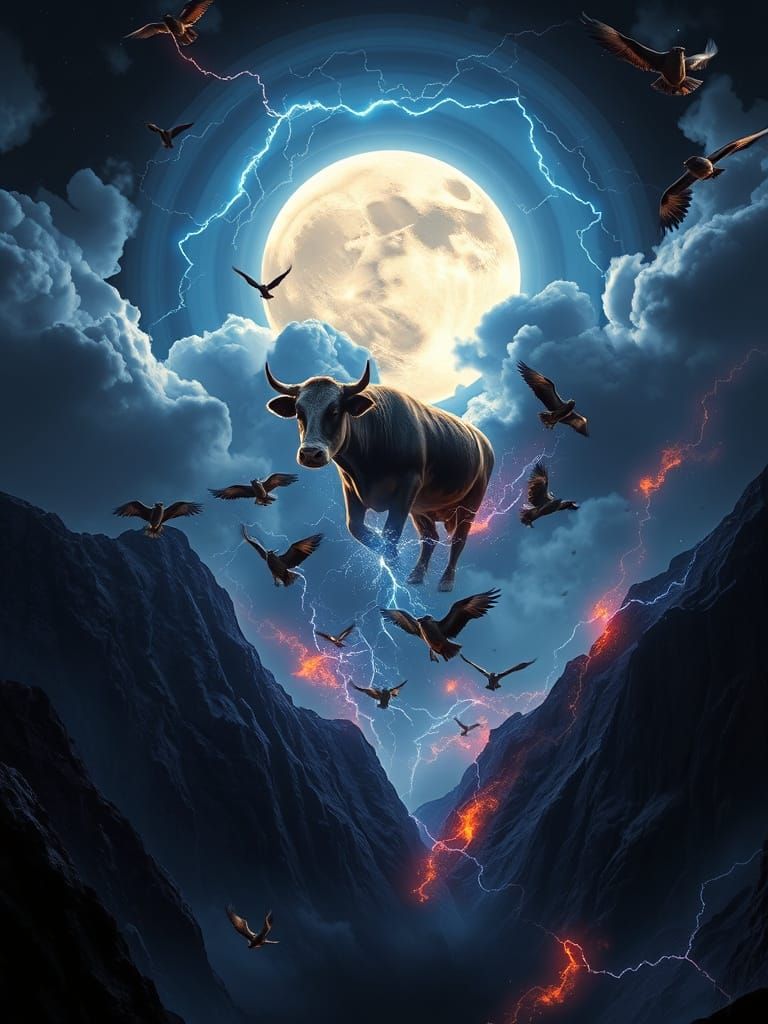Electric Cow Vortex Amidst Dark Mountains