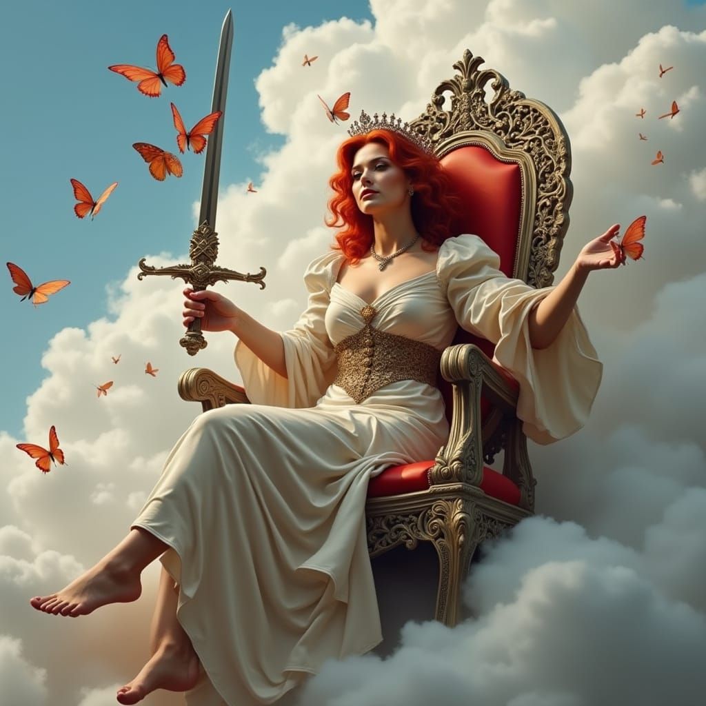 Red-Haired Woman on Cherub Throne, Surreal Art
