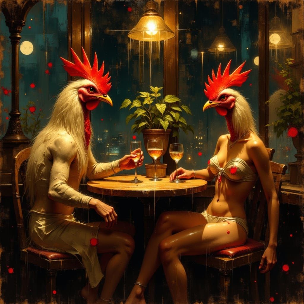 Chickens in Bikinis at a Lounge with Hot Sauce Rain