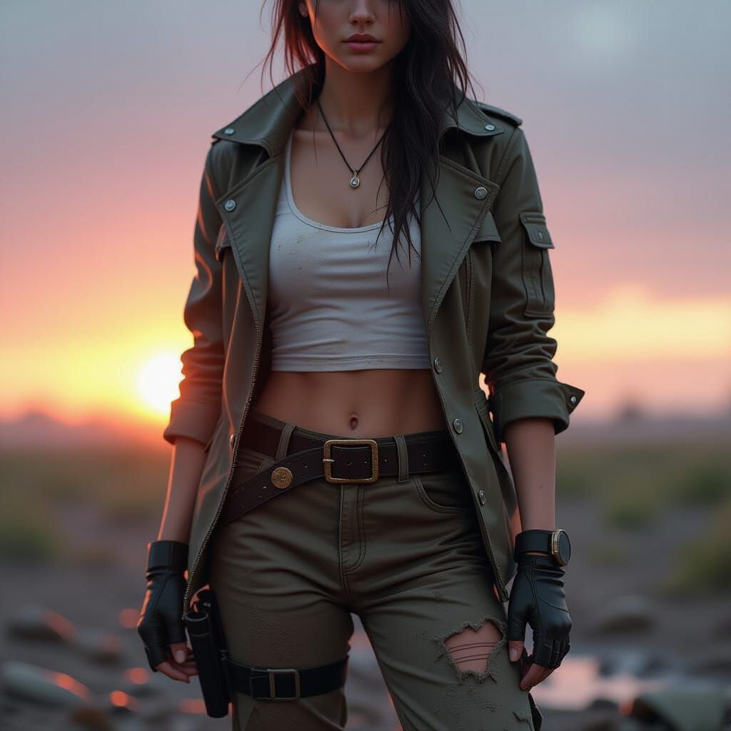 Young Woman in Trench at Dawn: Realistic Digital Art