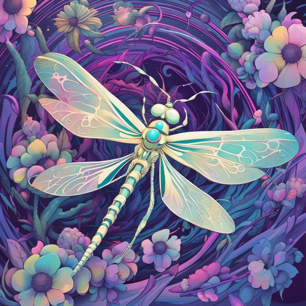 Albino Dragonfly in Synthwave Cyberpunk Apocalypse