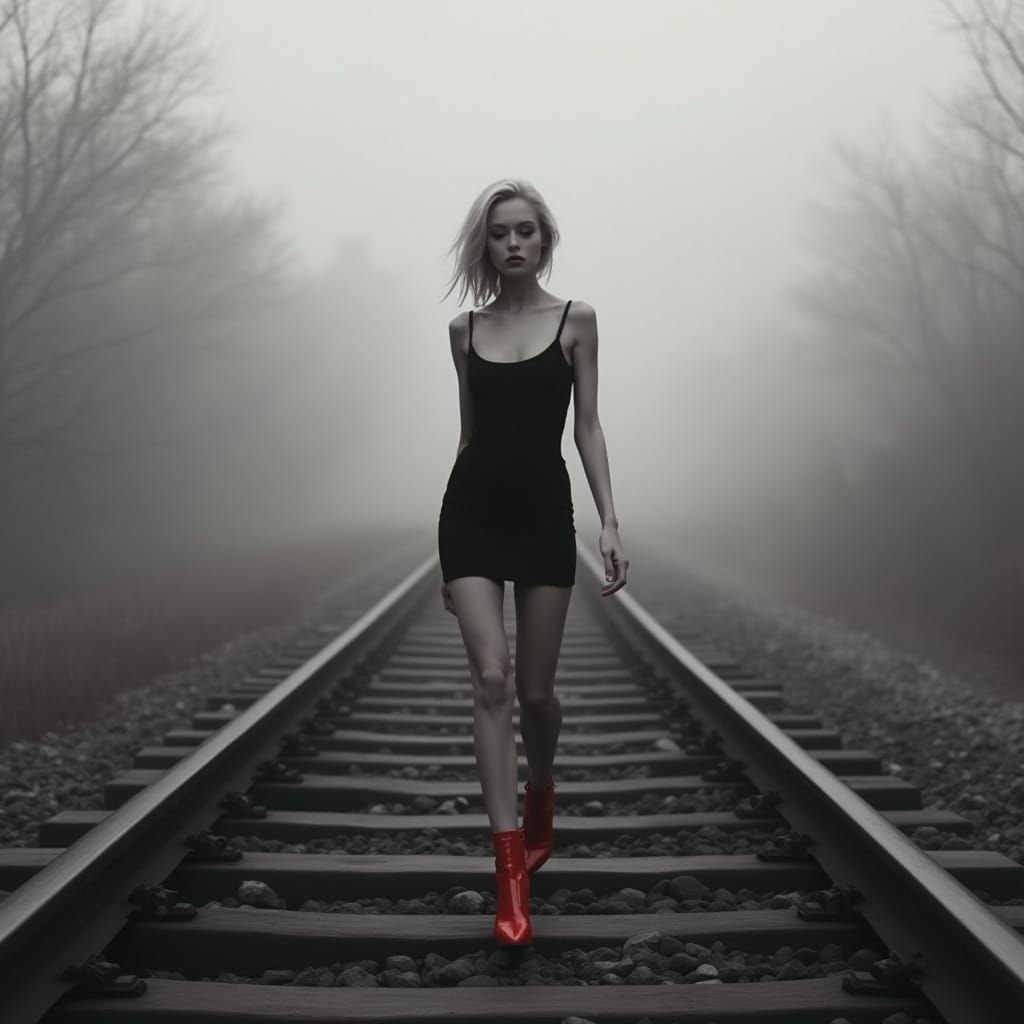 Woman in Red Heels Walks Railroad Tracks in Black and White