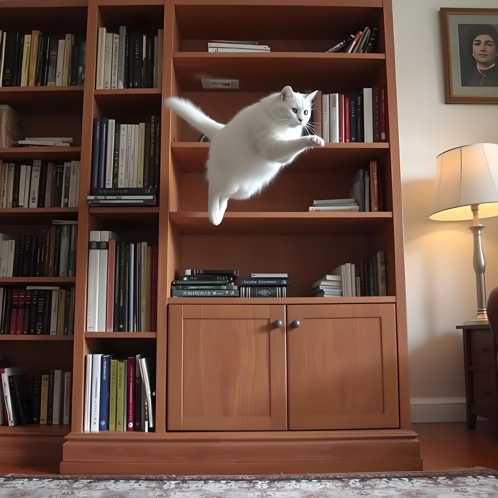 White Cat's Graceful Leap From Bookcase