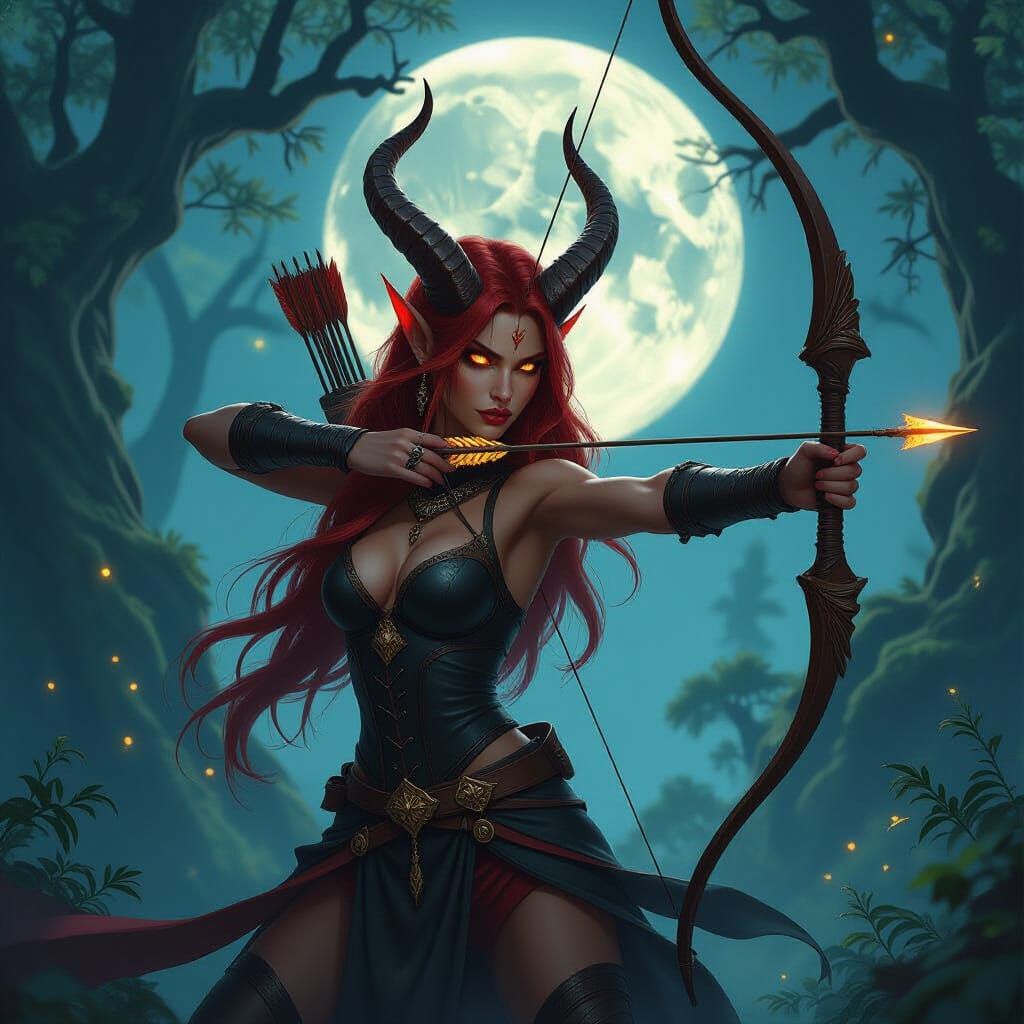 Tiefling Archer in Moonlit Elven Forest
