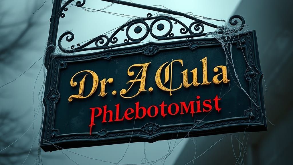 Gothic Sign Creaks in the Wind, Adorned with Cobwebs and Fad...