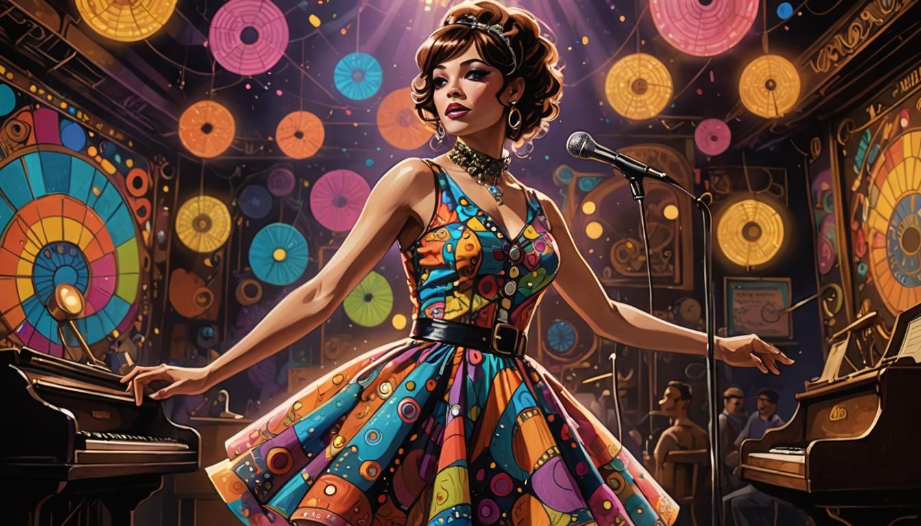 Groovy 1960s Singer on Stage in Steampunk Art Nouveau Style