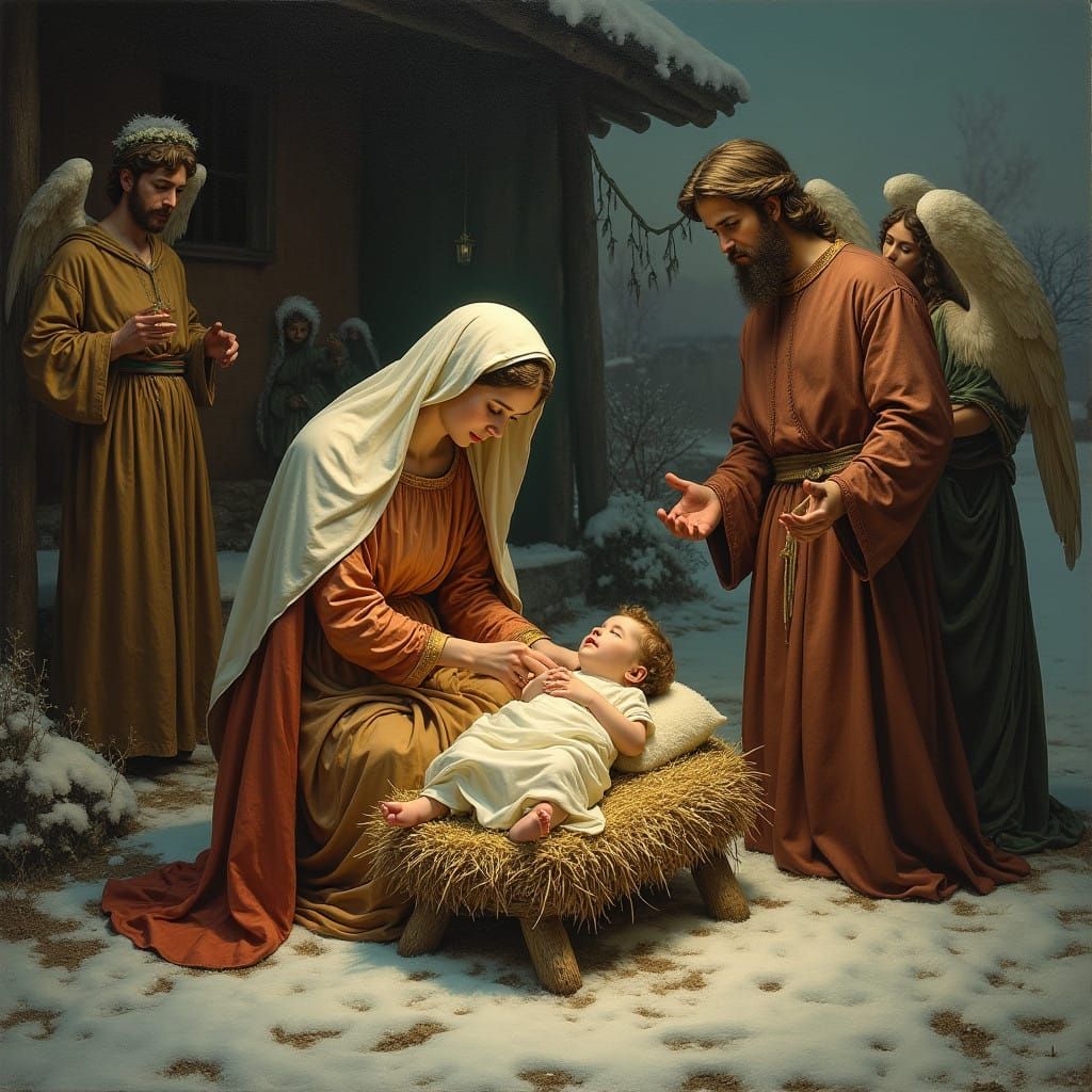 Serene Christmas Scene in Pre-Raphaelite Style
