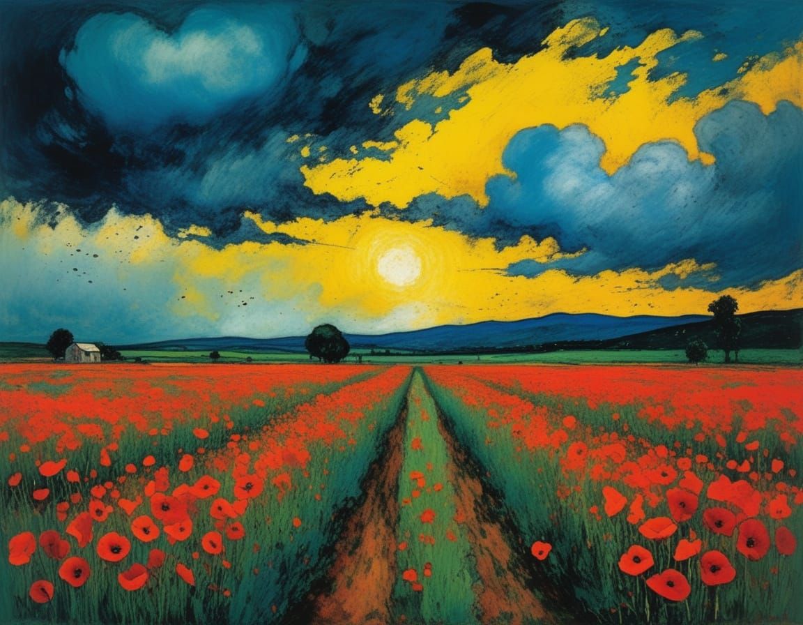Stormy Poppy Landscape in Abstract Expressionist Style