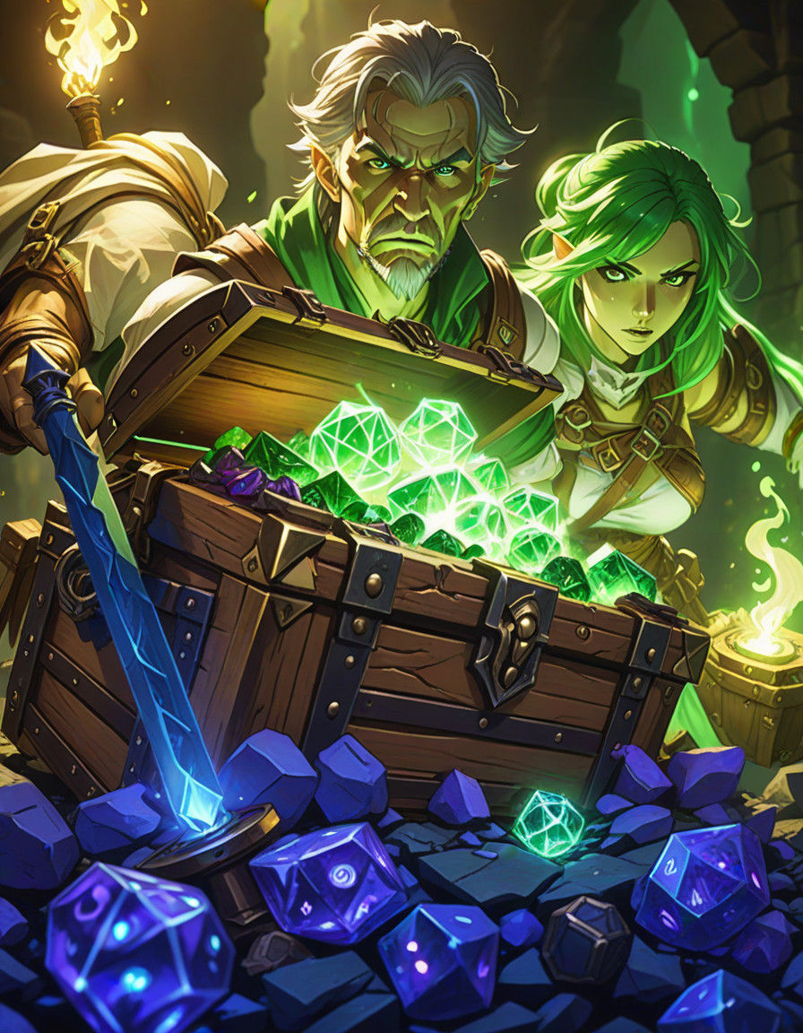 Fantasy Adventurers Illuminate Glowing Treasure in Hyperreal...