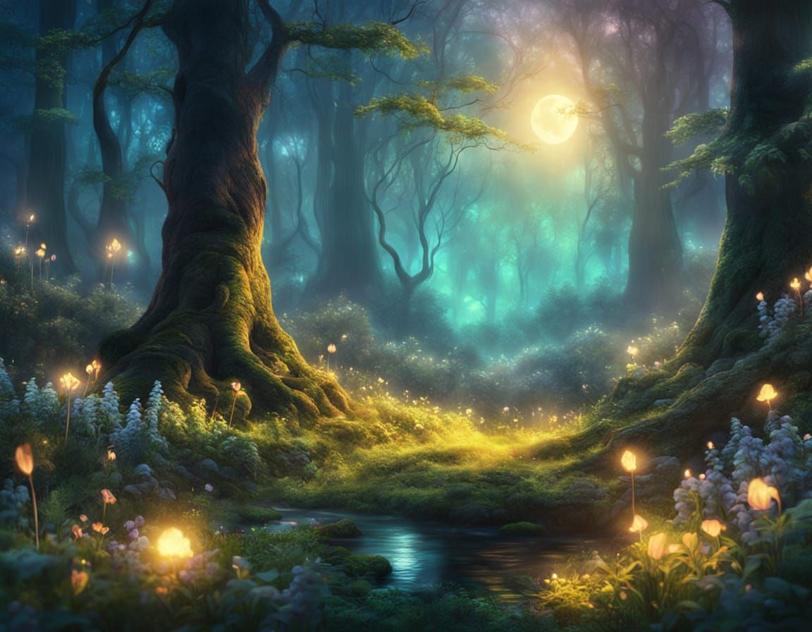 Magical Glowing Garden at Night in Digital Matte Painting St...