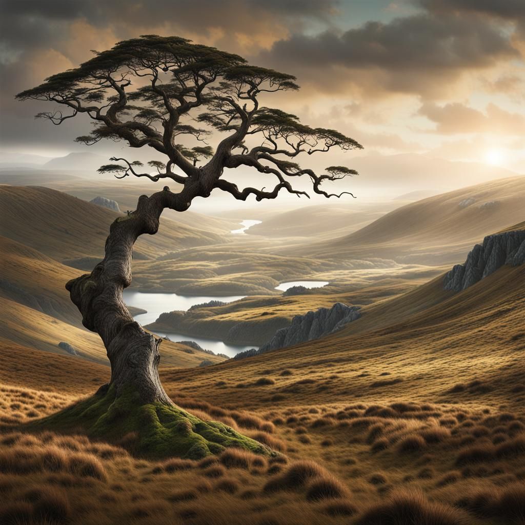 Hyperrealistic Scottish Highlands Landscape with Silhouettes