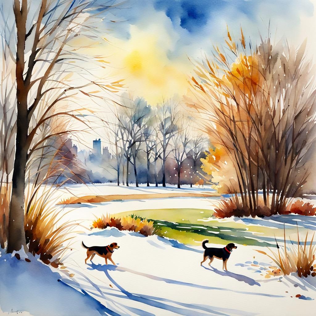 Sunny Winter Day in Park with Dogs, Watercolor