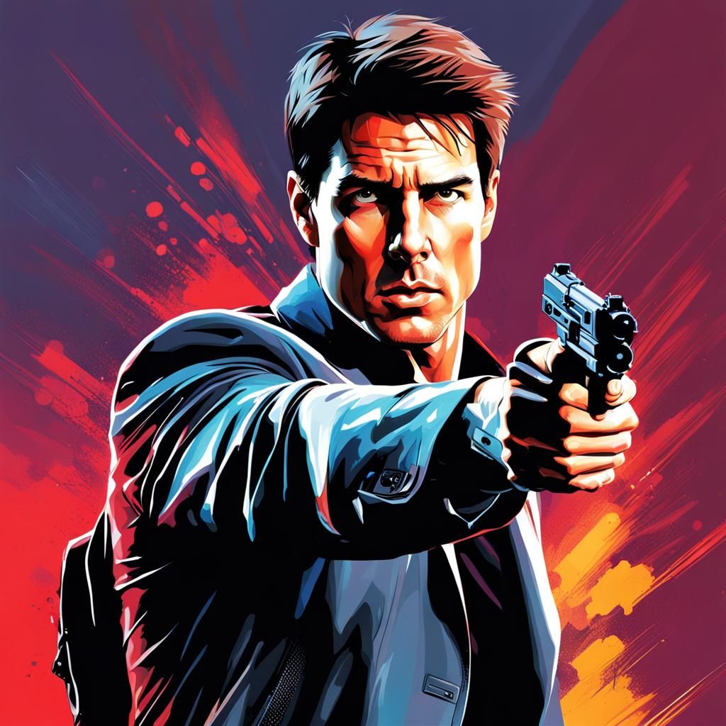 Draw a picture of Tom cruise pointing a gun at the camera wi...
