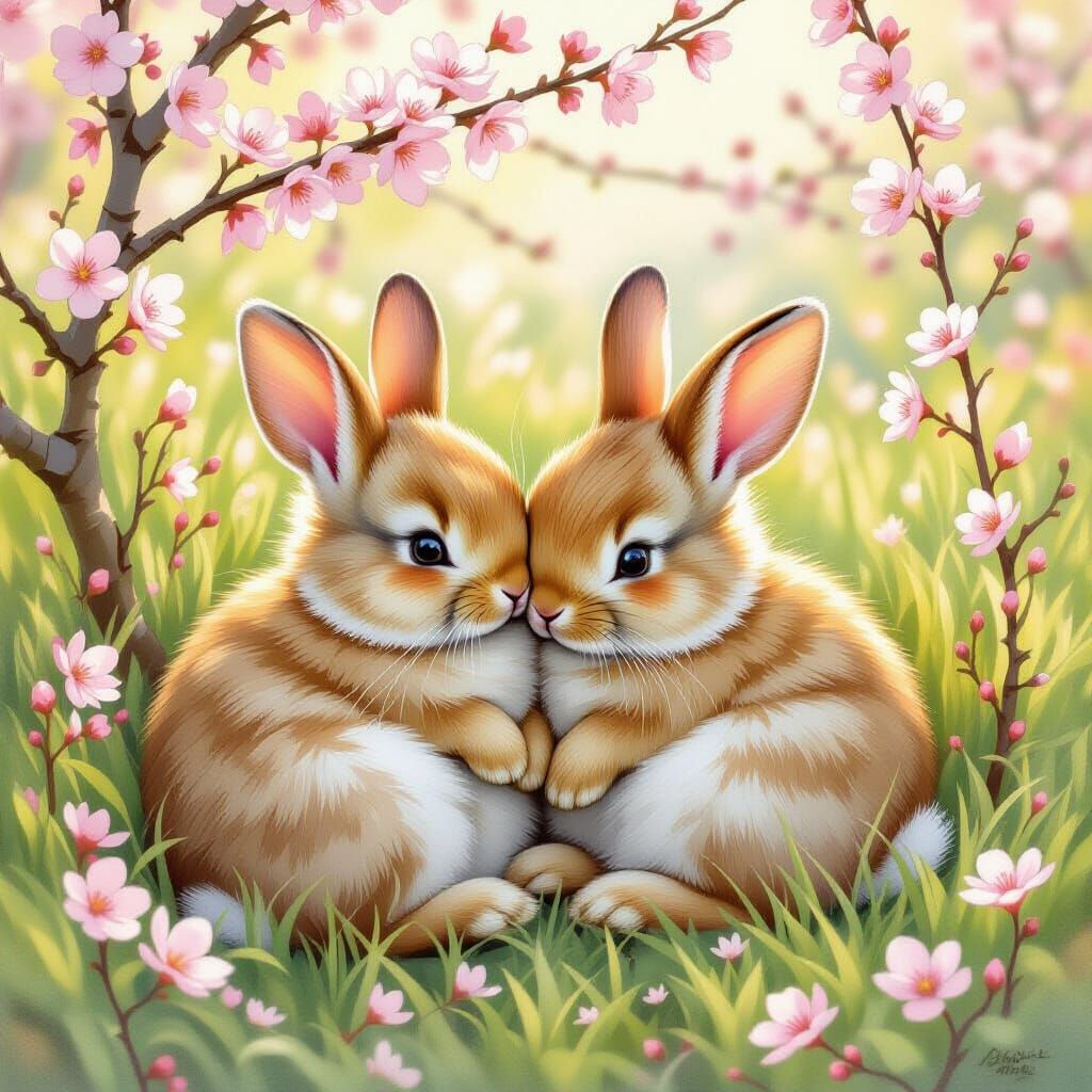 Baby Bunnies in Plum Blossom Meadow, Illustrative Style