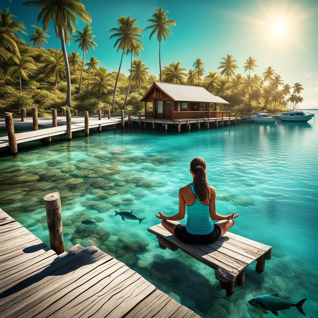 Meditating by Aqua Ocean with Palm Trees
