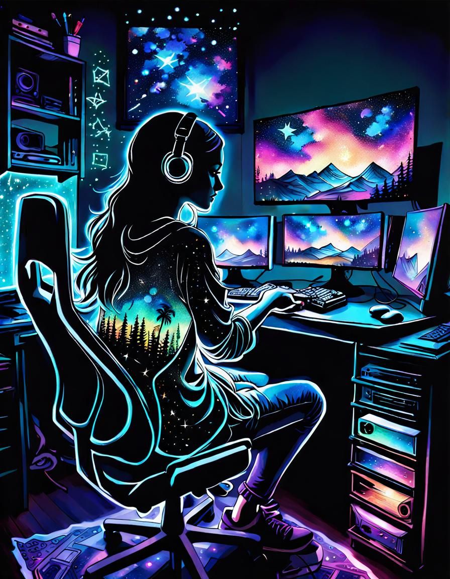 Teen Gamer in Starry Double Exposure