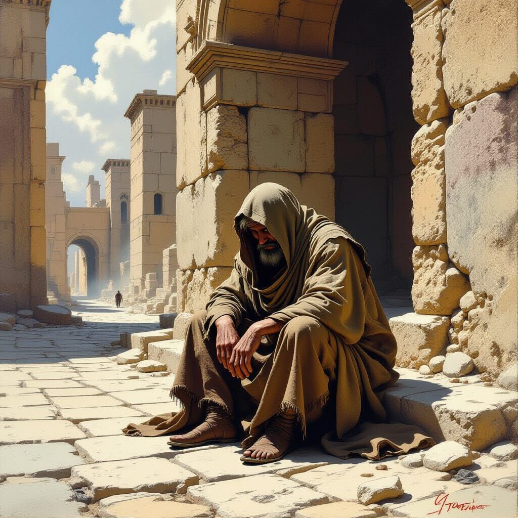 Ancient Beggar in Ruins, Dramatic Illustration