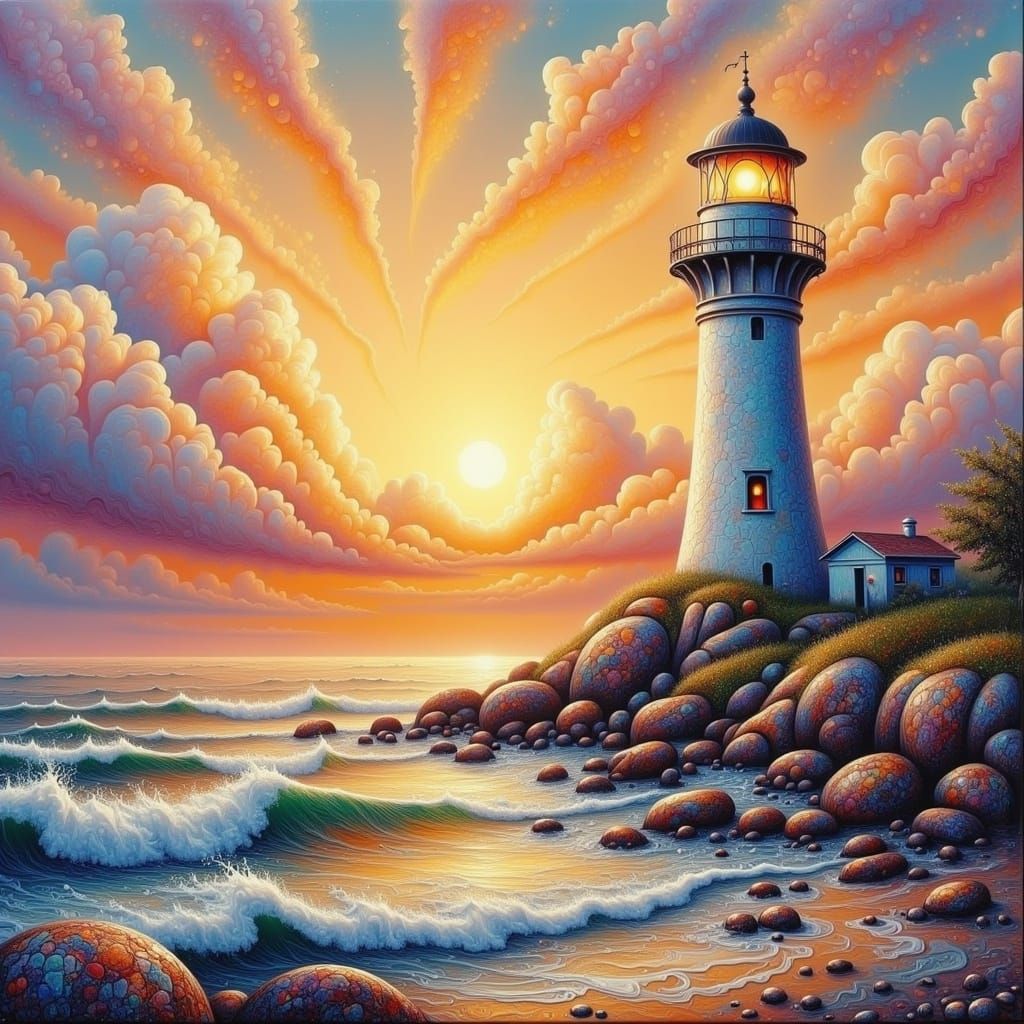 Lighthouse at Sunset in Romantic Seascape Style
