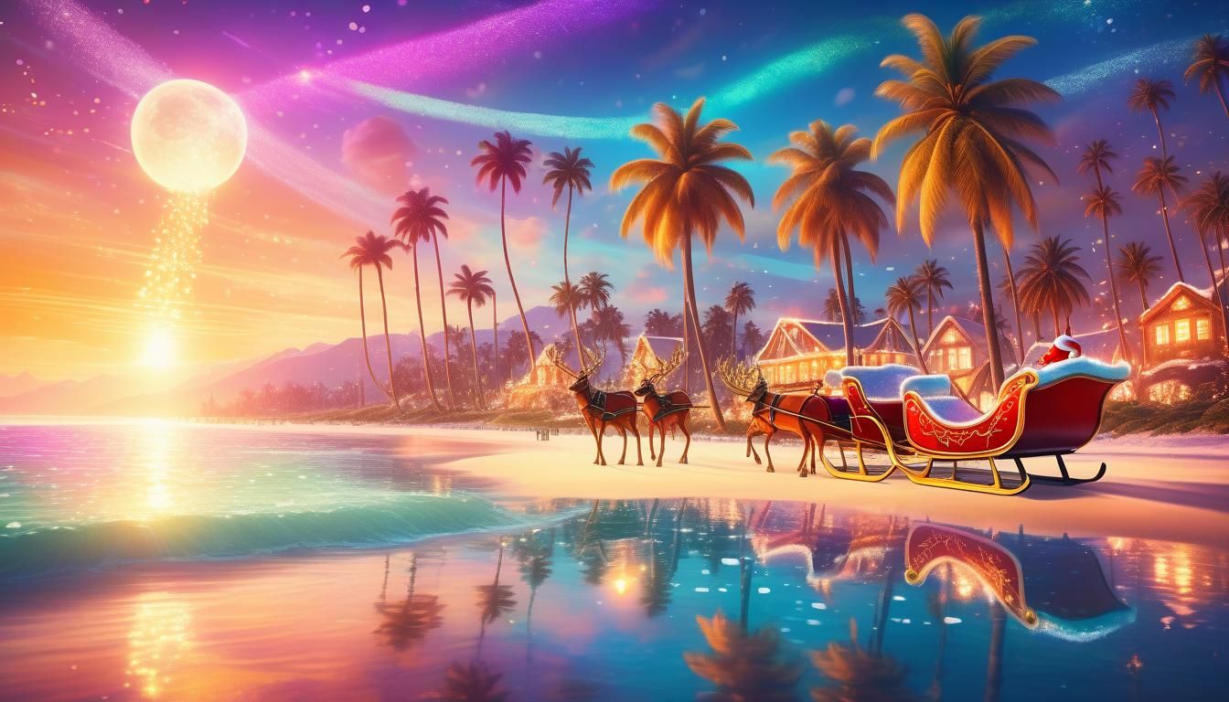 Whimsical Christmas Beach Scene in Vibrant Oil Painting Styl...