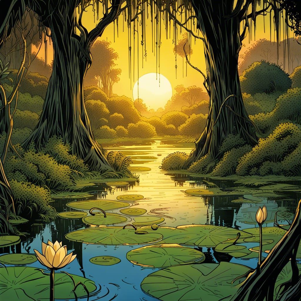 Golden Sunlight Over Gothic Wetlands