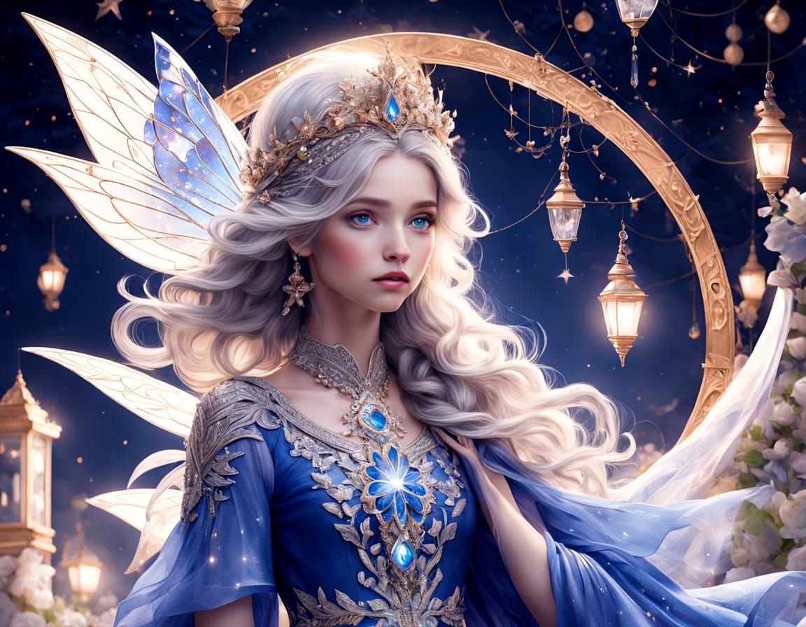 Ethereal Wish Fairy in Royal Blue Gown Illuminated by Golden...