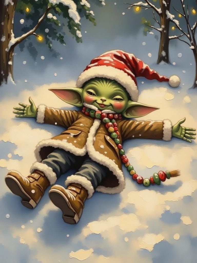 Alien Makes Snow Angel in Festive Winter Landscape