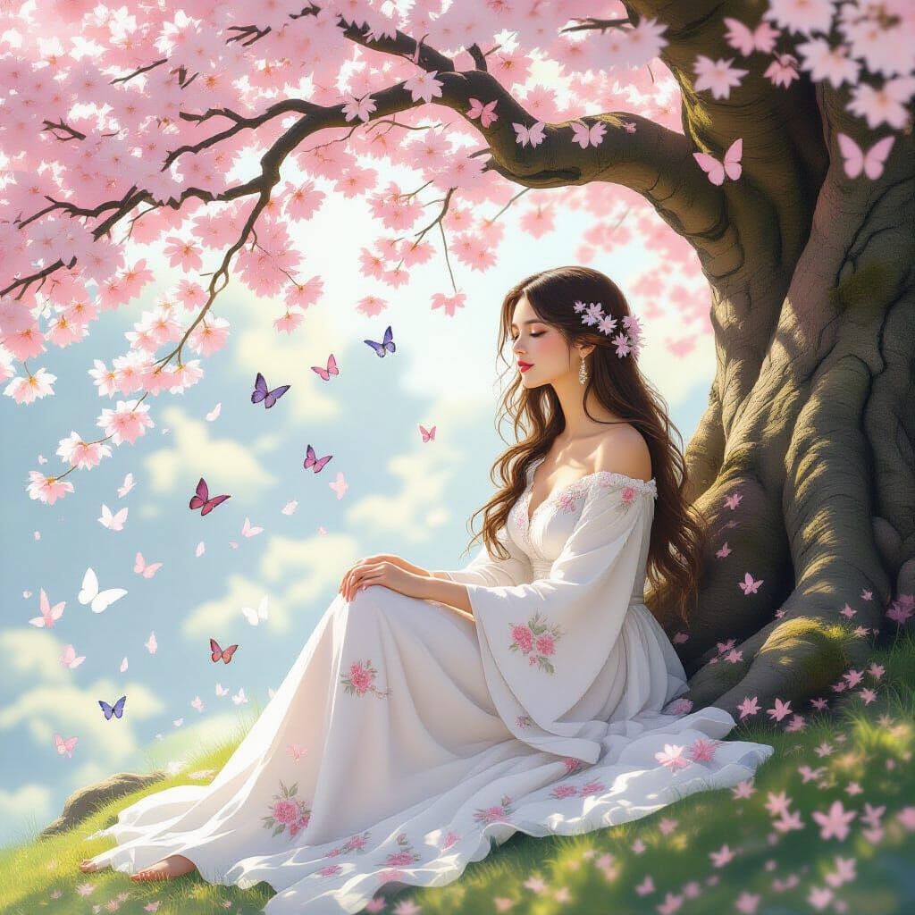 Serene Woman Beneath Sakura Tree, Art Nouveau Style