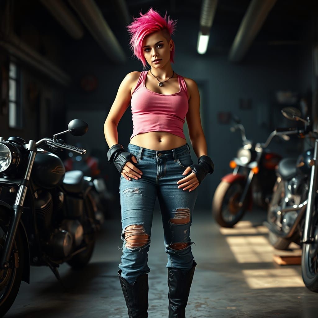 Gritty Punk Biker Goddess in a Dimly Lit Garage