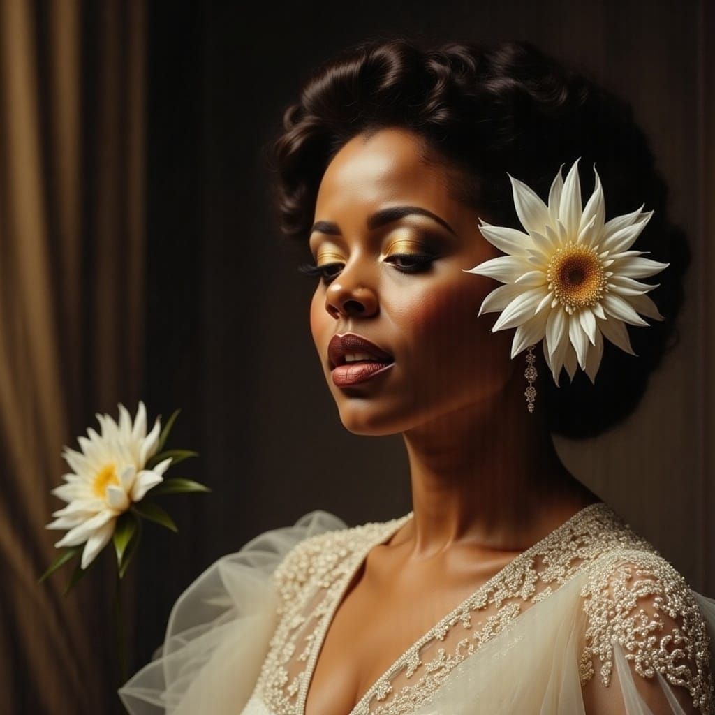 Billie Holiday in White with Dahlia
