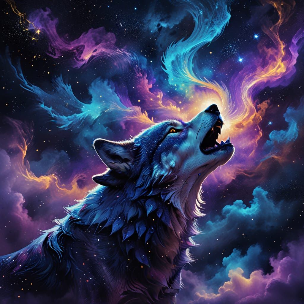 Lone Wolf Howling at Swirling Nebula in Cosmic Art Style