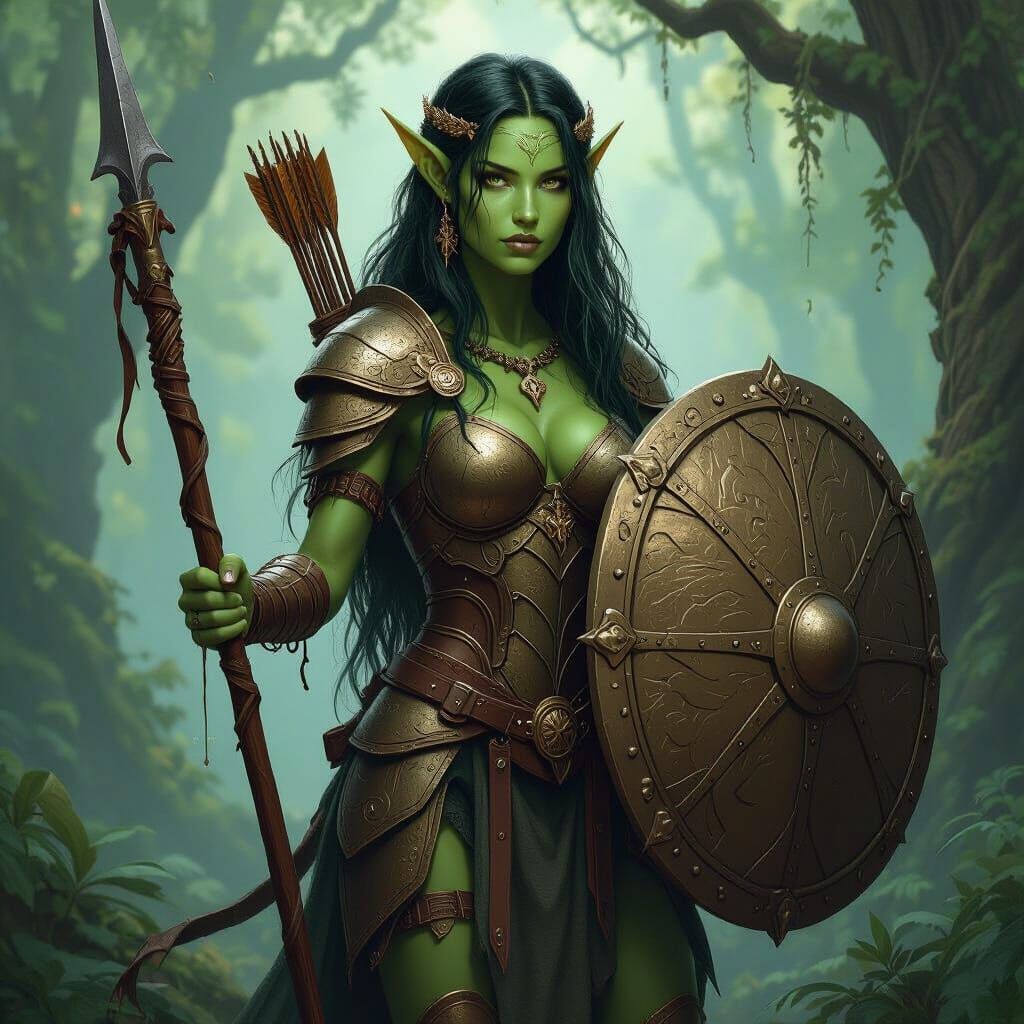 Green Dryad Warrior with Shield and Spear