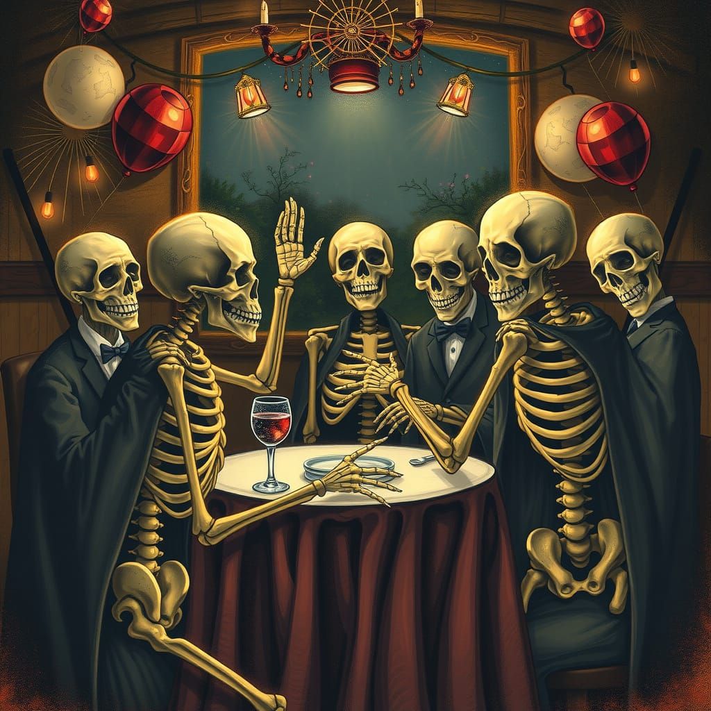 Skeletons Celebrate New Year's Eve Ball Party
