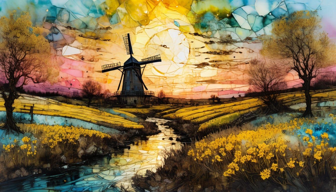 Vibrant Spring Landscape with Windmill, Inspired by Van Gogh...
