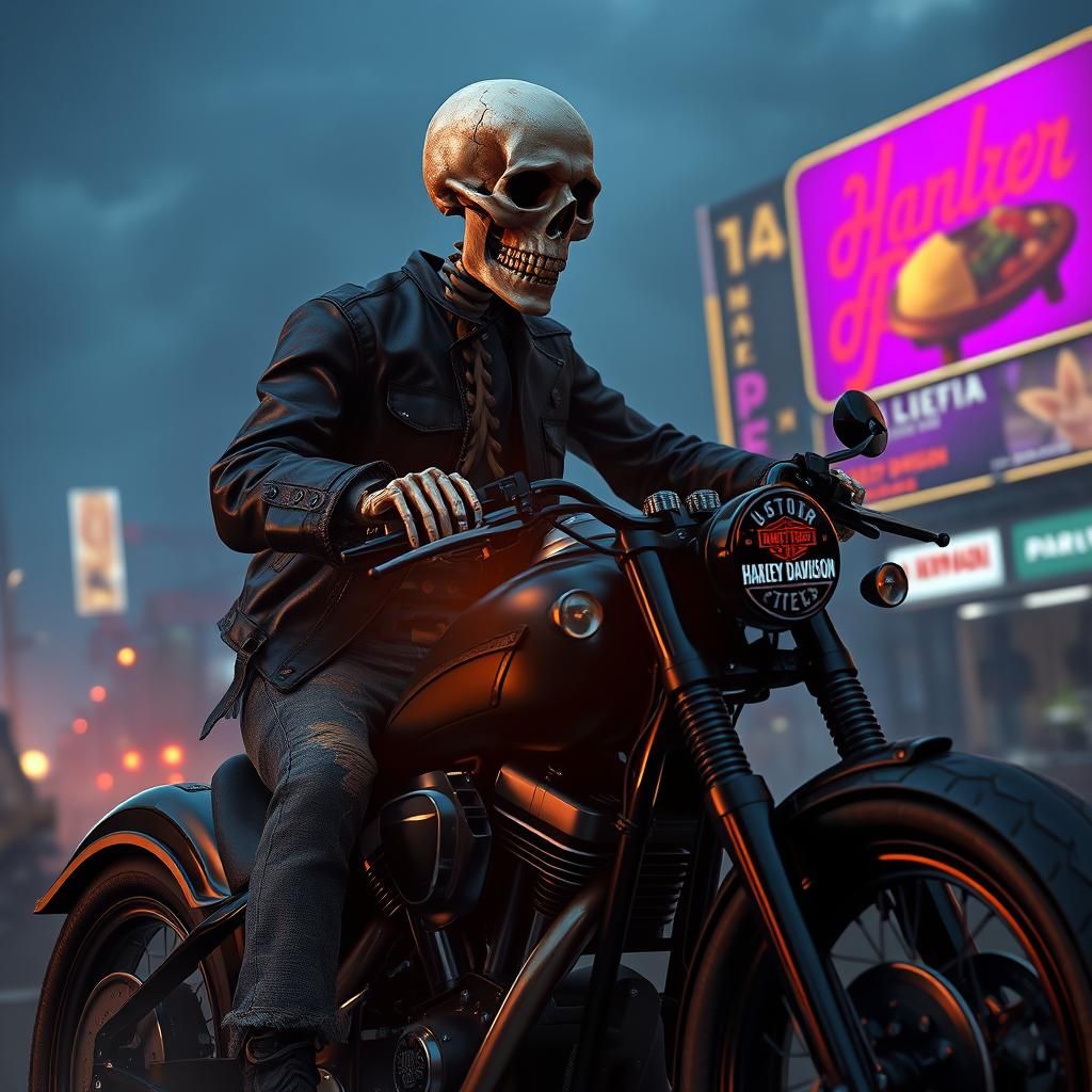 Biker Skeleton Rides Harley in Mist, Dark Fantasy Art