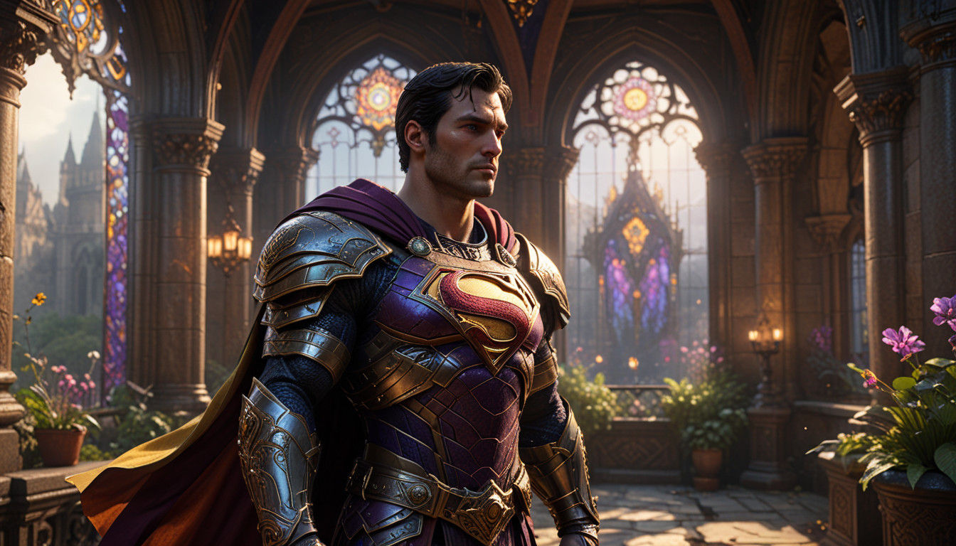 Superman in Dark Fantasy Armor, Castle Courtyard, by Greg Ru...