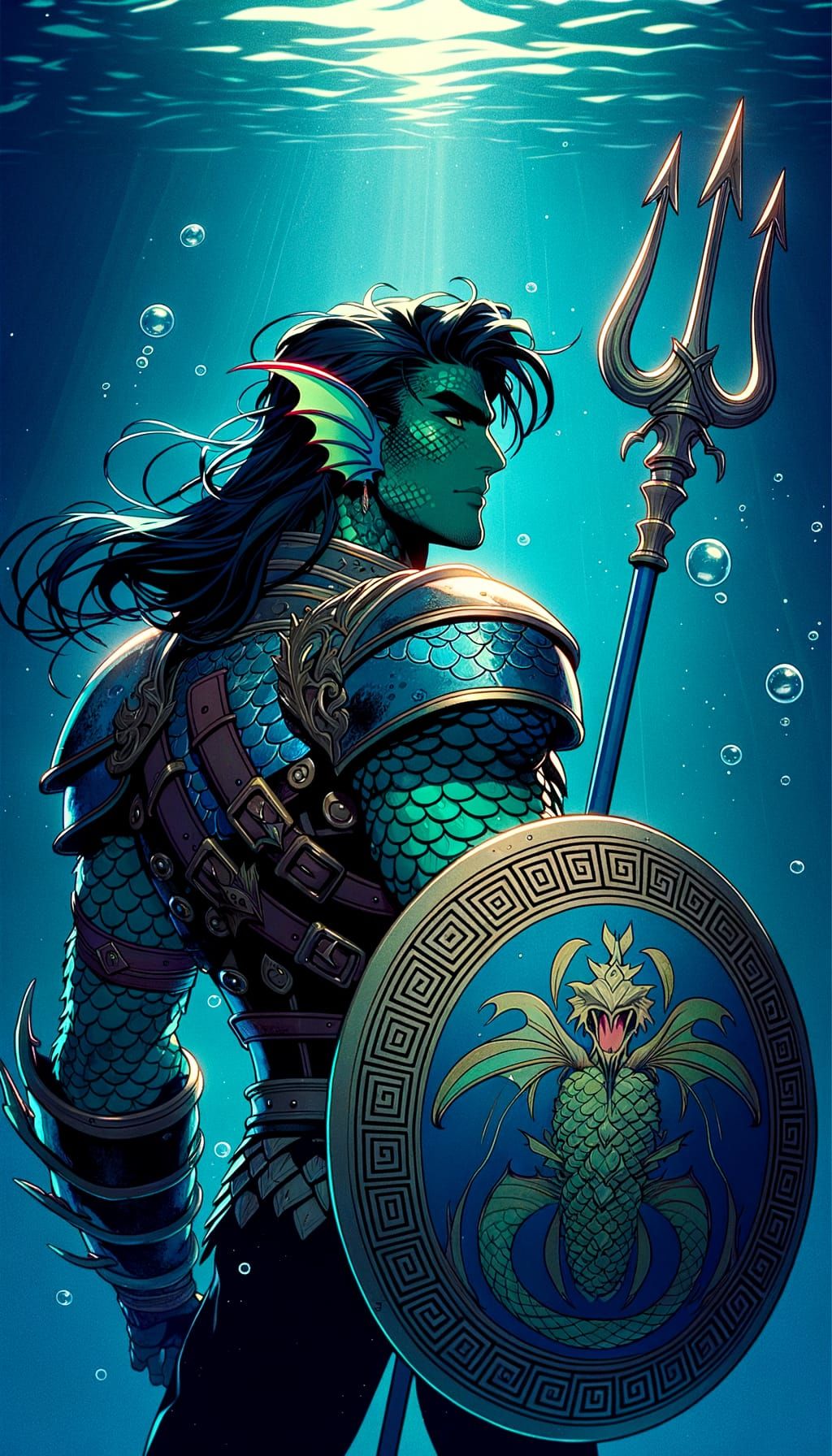 Triton Warrior in Cel-Shaded Anime Style