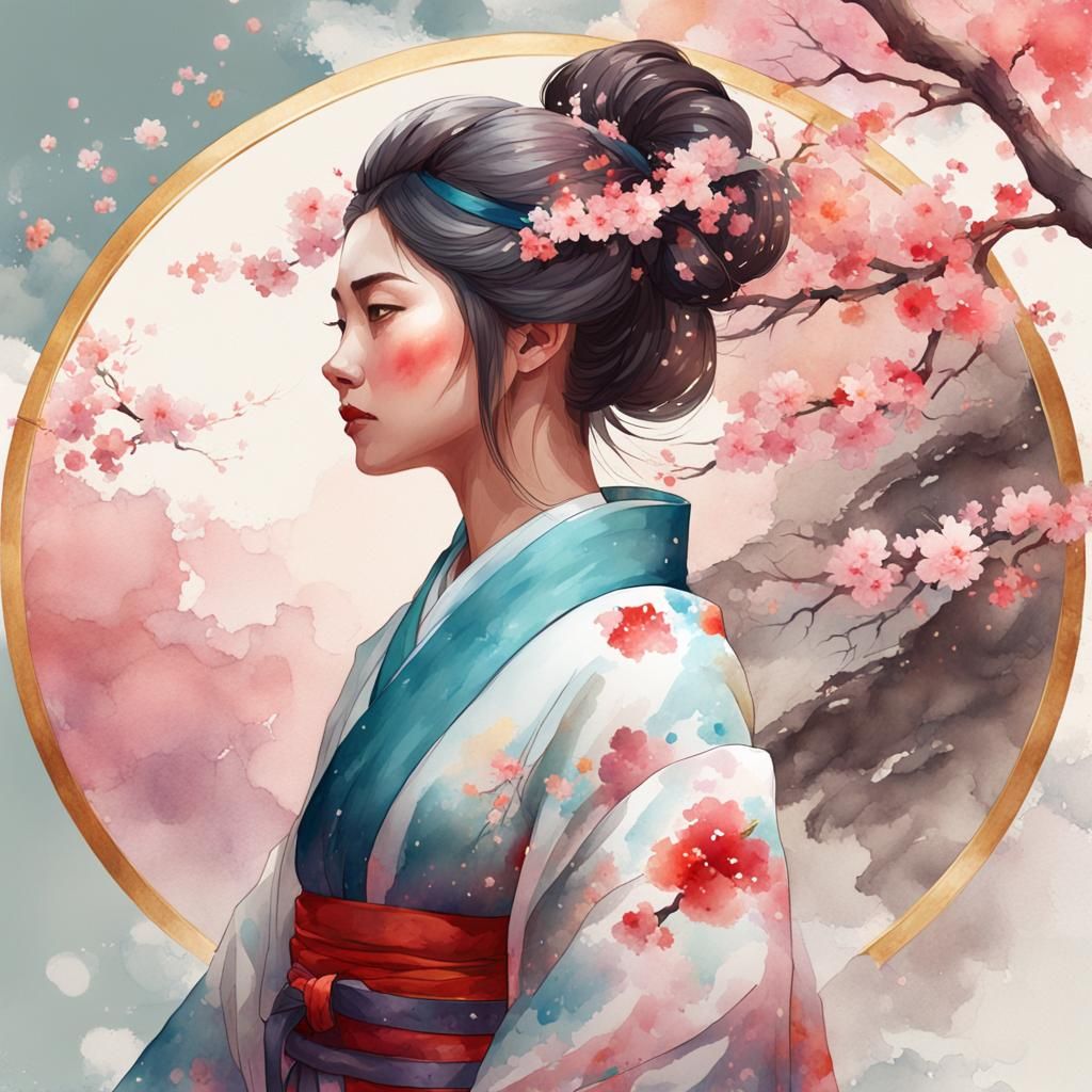 Sakura Kimono Woman: Watercolor Splash Art Portrait