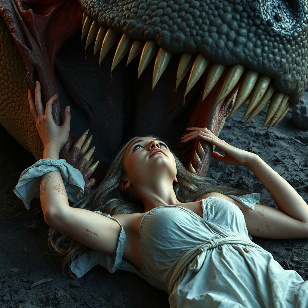 Dinosaur Threatens Maiden: Fantasy Concept Art