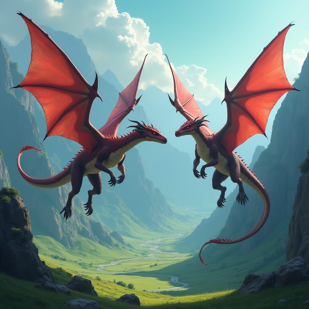 Dragons Fly Over Valley in Futuristic Landscape Style