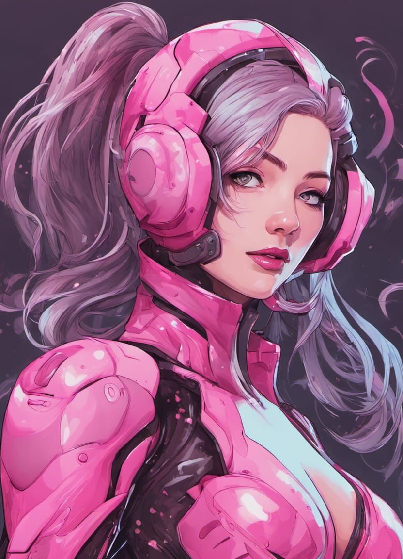 Confident Pink-Haired Cyborg in Anime Style